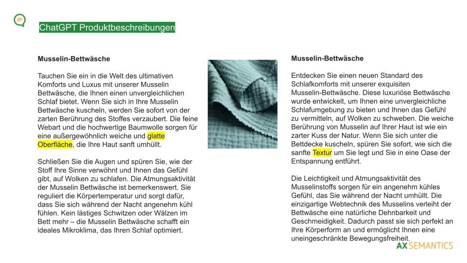 GPT Produktbeschreibungsentwürfe Musselinbettwäsche