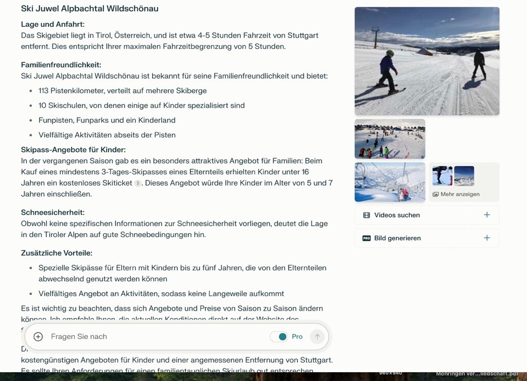 Perplexity Shopping Skigebiet-Empfehlung