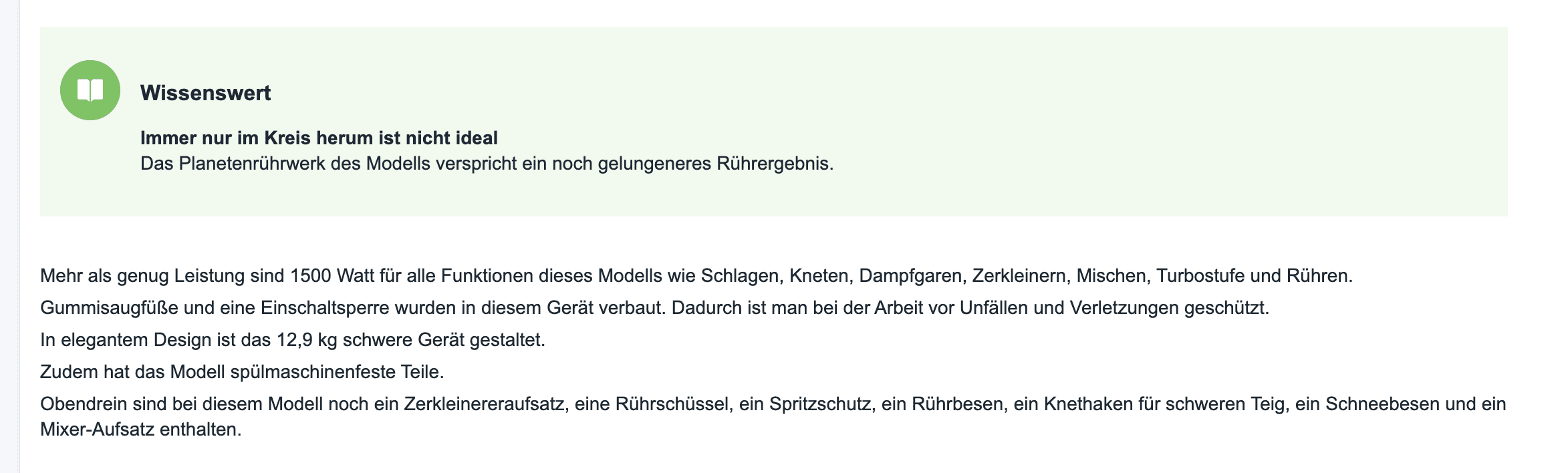 Beispielhafte Produktbeschreibung, die mithilfe der Software zur Textautomatisierung von AX Semantics generiert wurde automatisch erstellte "Wissenswert" Rubrik