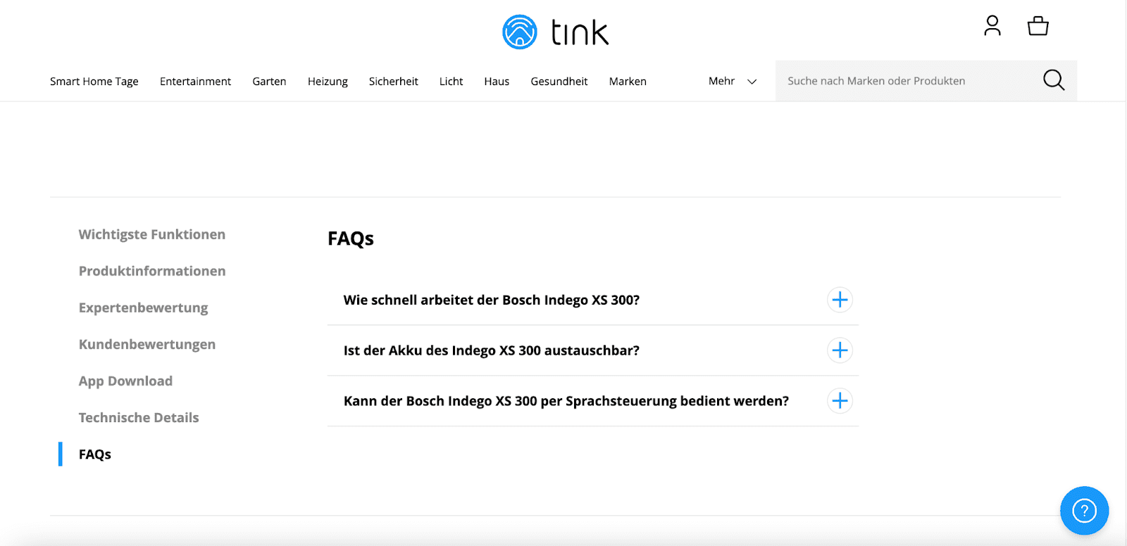 FAQs auf einer Produktdetailseite zu einem Mähroboter FAQs auf einer Produktdetailseite zu einem Mähroboter von tink.de