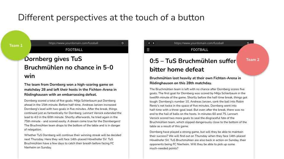 White background and text with two bubbles in red and green indicating the different perspectives of touch a button